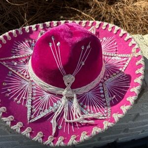 Authentic Mexican Charro Sombrero Mariachi Pink Velvet Silver sequin